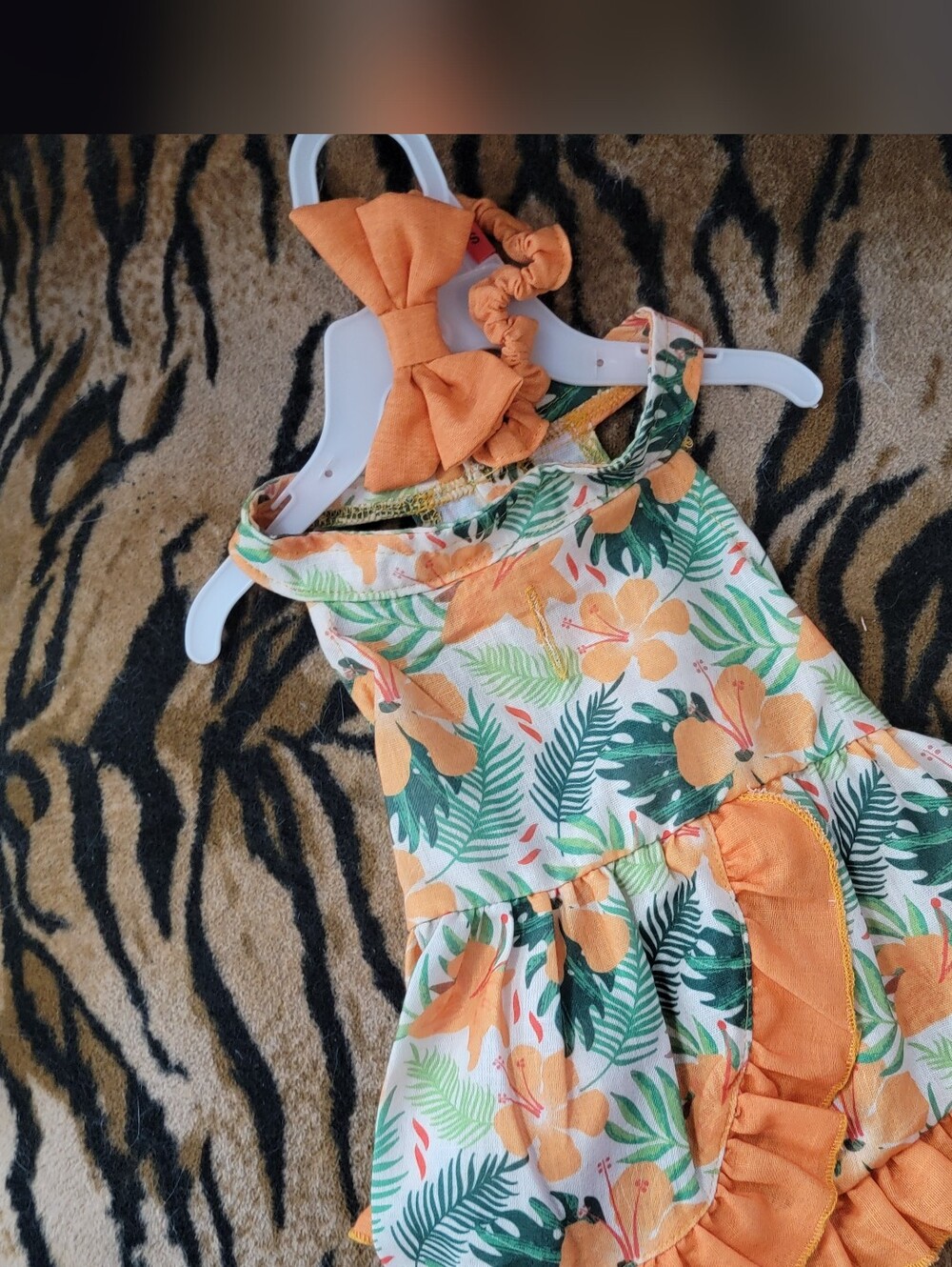 Pet Dress Dog Or Cat Orange Tropical Floral Sundress with Bow Headband Sm.